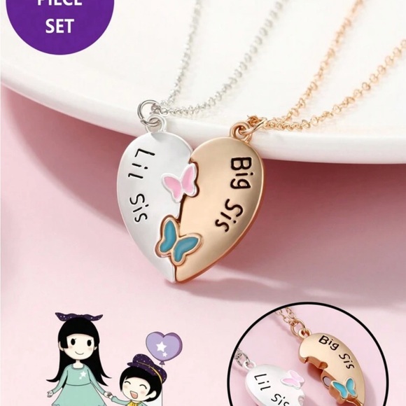 🎁2 FOR $15 2pcs Big & Lil Sis Butterfly & Heart Matte Gold & Silver Plated - Picture 4 of 4